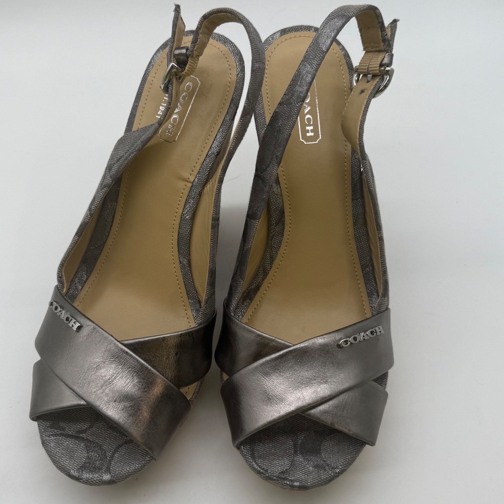 Coach Signature Monogram Silver Metallic Cork Wedge Slingback Sandals Size 8 B